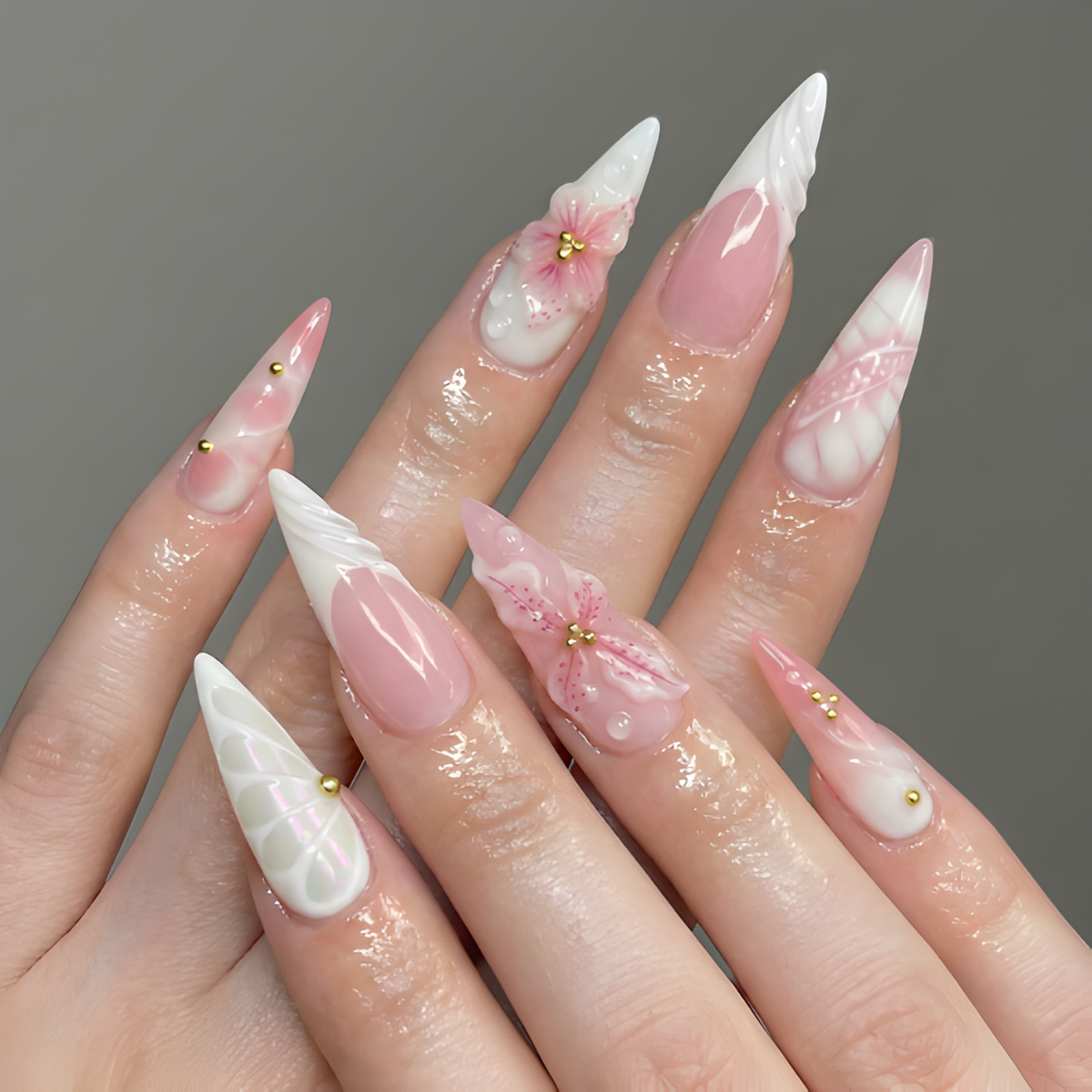 Nail Tabs for Press On Nails – Pink White Floral 3D Flower Long Stiletto Press On Nails | OB05L