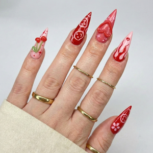 Press On Nails Adhesive Tabs with Red Cherry & Heart Swirl Art Design, Handmade Long Stiletto Fake Nails for Valentine Aesthetic or Romantic Statement Look | OB02LN