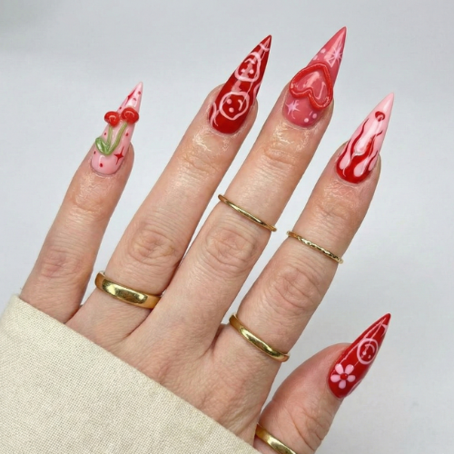 Press On Nails Adhesive Tabs with Red Cherry & Heart Swirl Art Design, Handmade Long Stiletto Fake Nails for Valentine Aesthetic or Romantic Statement Look | OB02LN
