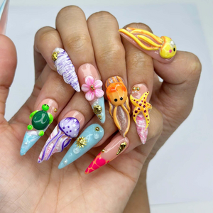 3D Sea Creature Press On Nails | Jellyfish Octopus Turtle Nail Set | Cute Tropical Ocean Nails | Handmade Summer Manicure | OB455JG