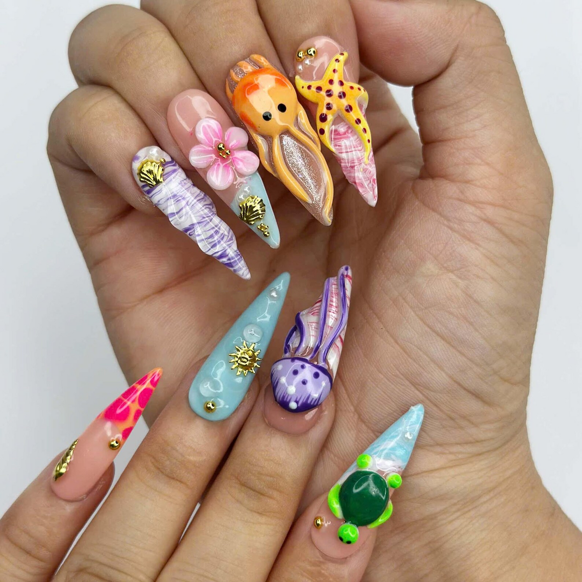 3D Sea Creature Press On Nails | Jellyfish Octopus Turtle Nail Set | Cute Tropical Ocean Nails | Handmade Summer Manicure | OB455JG