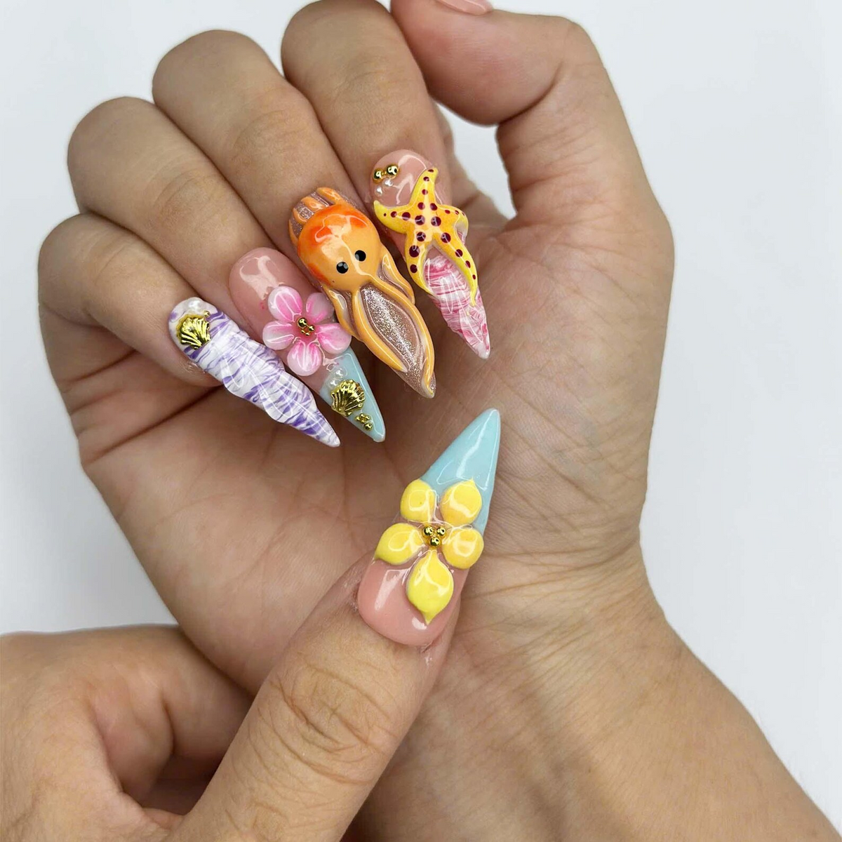 3D Sea Creature Press On Nails | Jellyfish Octopus Turtle Nail Set | Cute Tropical Ocean Nails | Handmade Summer Manicure | OB455JG
