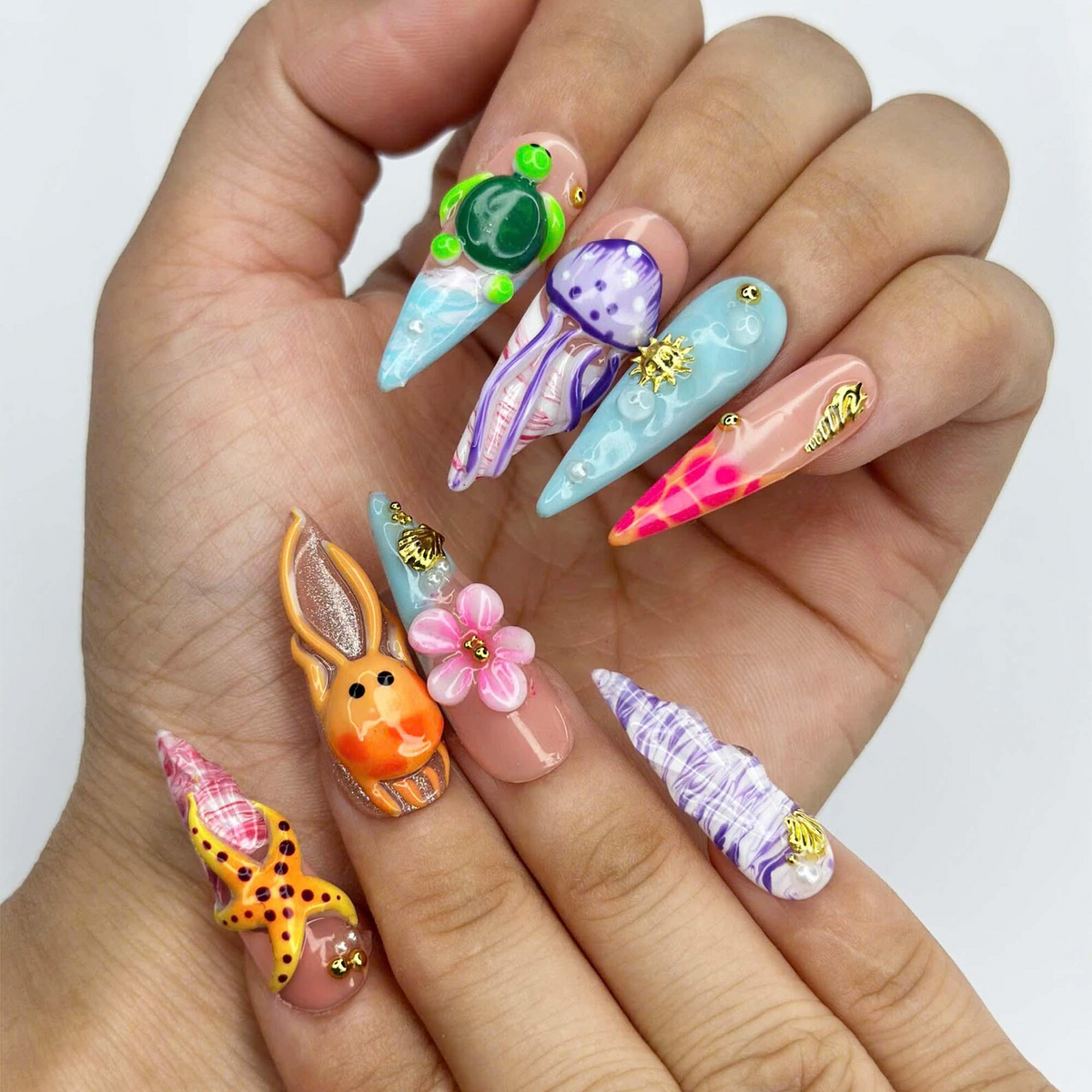 3D Sea Creature Press On Nails | Jellyfish Octopus Turtle Nail Set | Cute Tropical Ocean Nails | Handmade Summer Manicure | OB455JG