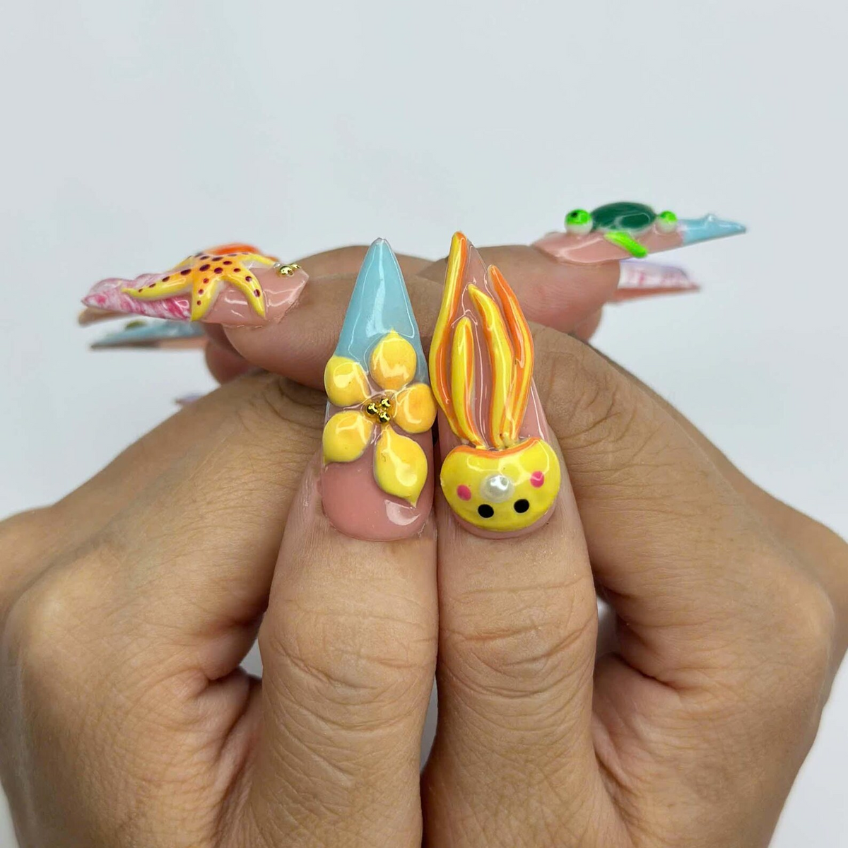3D Sea Creature Press On Nails | Jellyfish Octopus Turtle Nail Set | Cute Tropical Ocean Nails | Handmade Summer Manicure | OB455JG