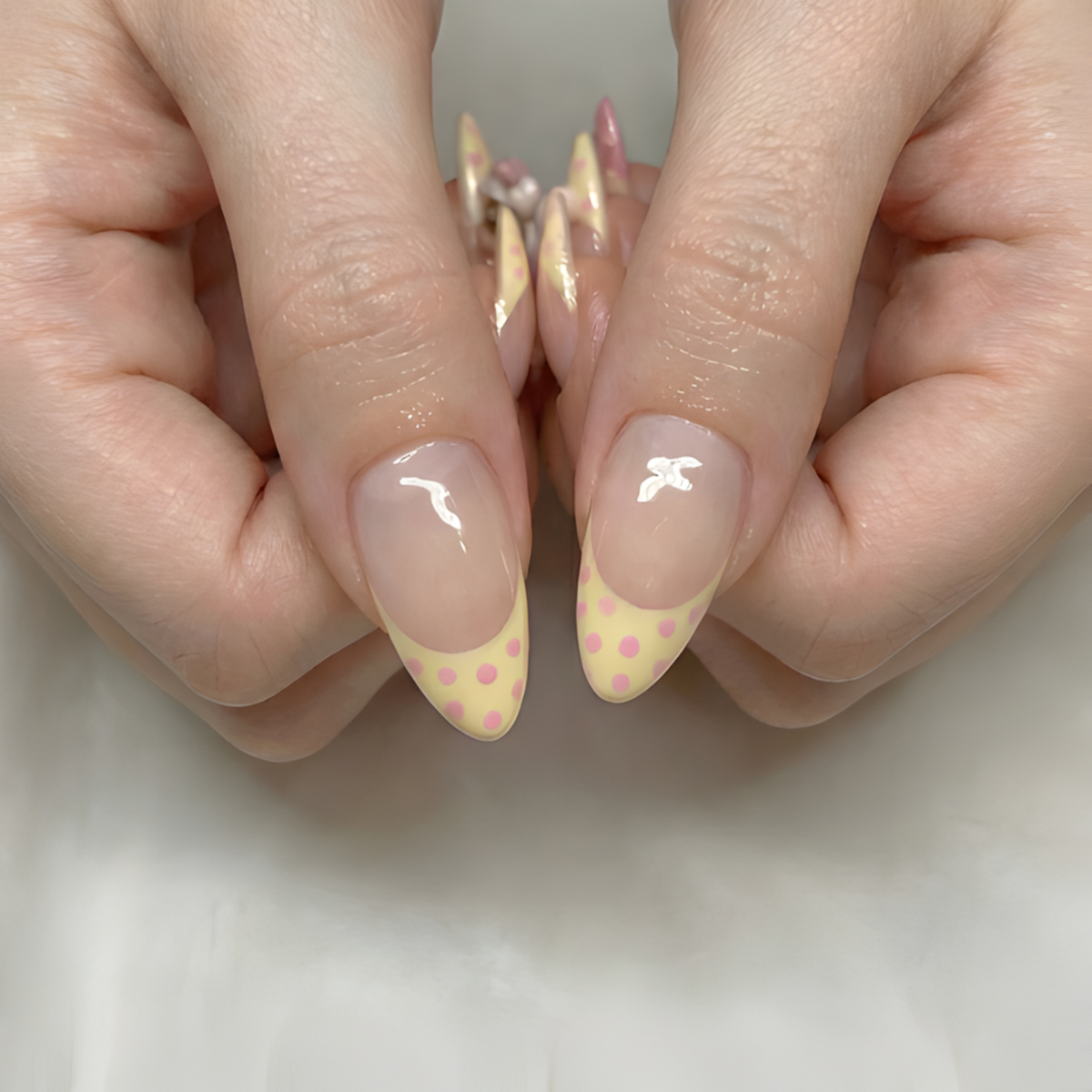 Nail Tabs for Press On Nails – Pastel Yellow Pink Polka Dot Doll & 3D Bow Long Almond Handmade Cute Coquette Fake Nails | OB07L