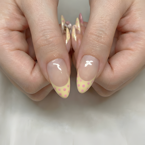 Nail Tabs for Press On Nails – Pastel Yellow Pink Polka Dot Doll & 3D Bow Long Almond Handmade Cute Coquette Fake Nails | OB07L