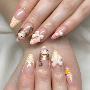 Nail Tabs for Press On Nails – Pastel Yellow Pink Polka Dot Doll & 3D Bow Long Almond Handmade Cute Coquette Fake Nails | OB07L