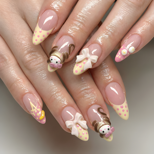 Nail Tabs for Press On Nails – Pastel Yellow Pink Polka Dot Doll & 3D Bow Long Almond Handmade Cute Coquette Fake Nails | OB07L