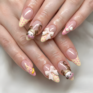 Nail Tabs for Press On Nails – Pastel Yellow Pink Polka Dot Doll & 3D Bow Long Almond Handmade Cute Coquette Fake Nails | OB07L