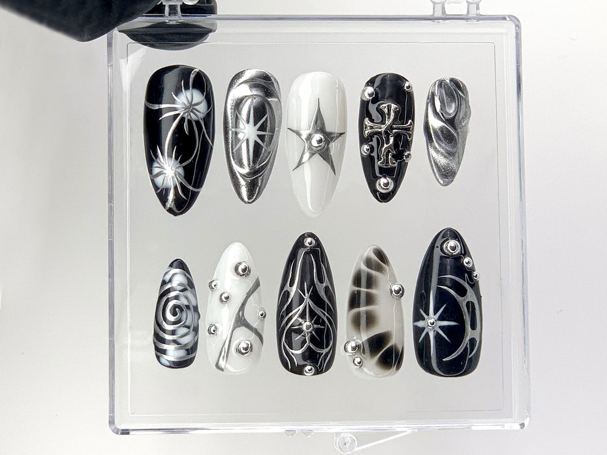 Elegant Gothic Press On Nails | 3D Designs with Cross, Star, Spiral Acrylic Nails | Monochrome Nail Art | Y2k Nails | Custom Nails | OC552YL