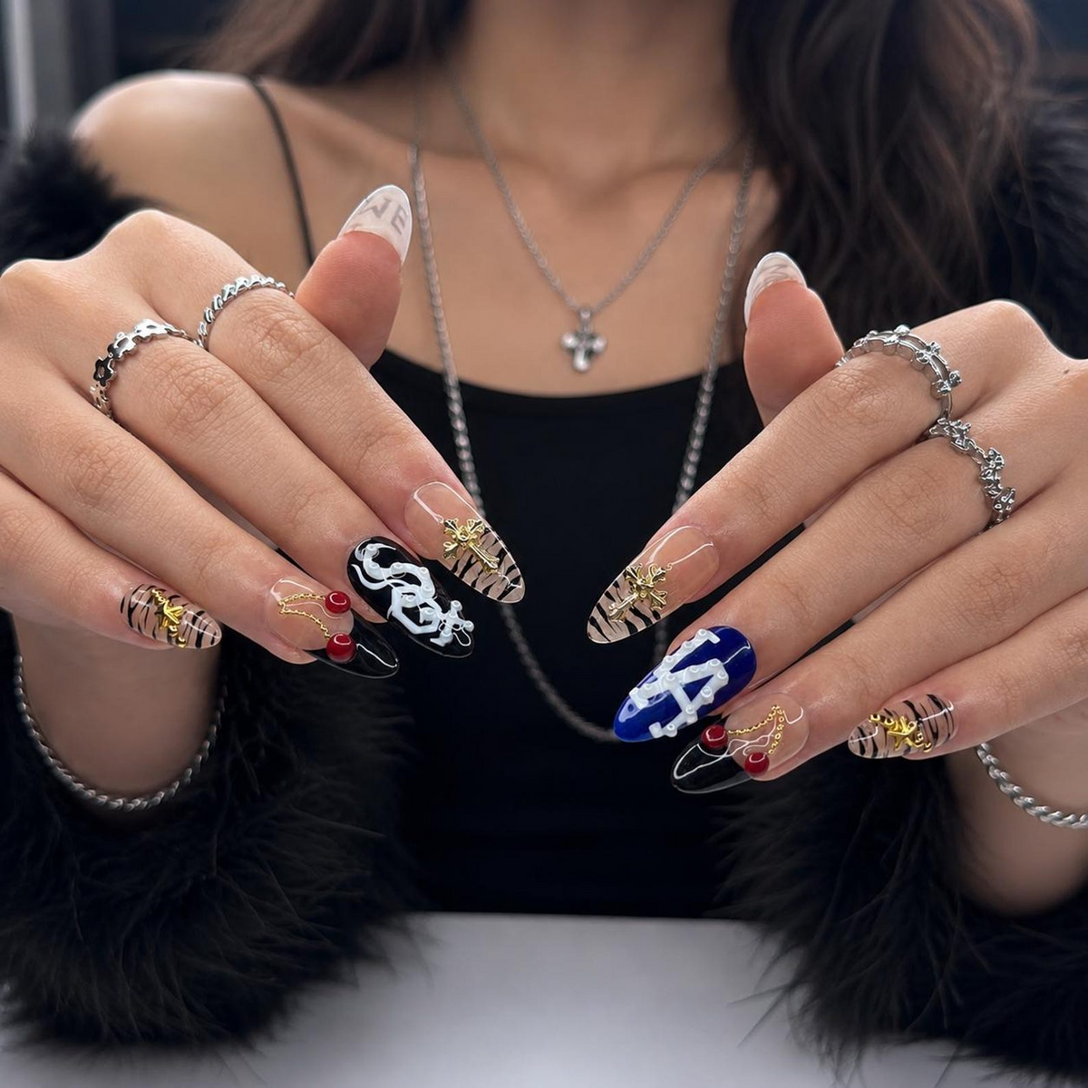 Y2K Graphic Press On Nails | Cherry Cross Letter Nail Set | Edgy Black White Statement Nails | Street Style Handmade Set | OC447J