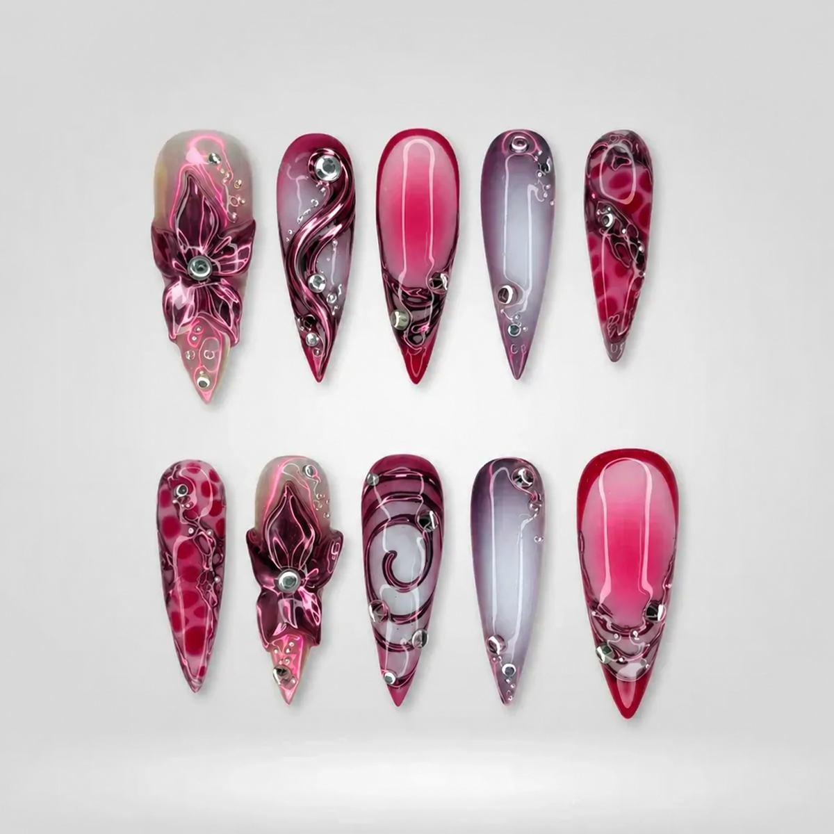 Metal Rose 3D Floral Press-On Nails - Aninail