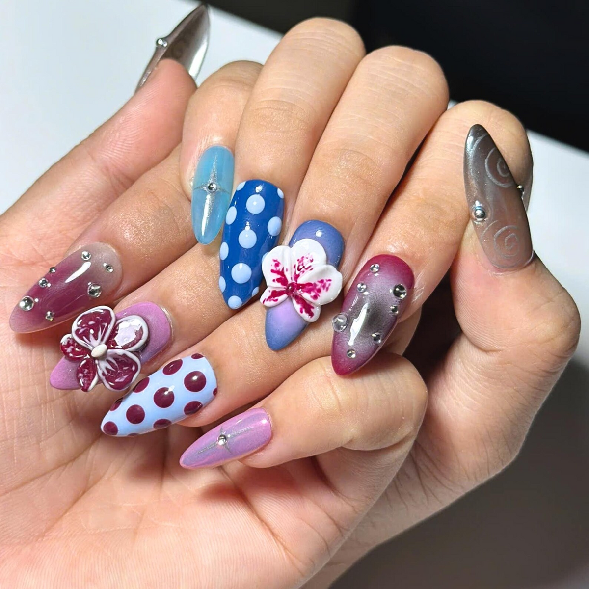 Eclectic Jewel Tone Press On Nails, 3D Floral Chrome Nails, Cat Eye Abstract Handmade Statement Nail Set, OB1379U