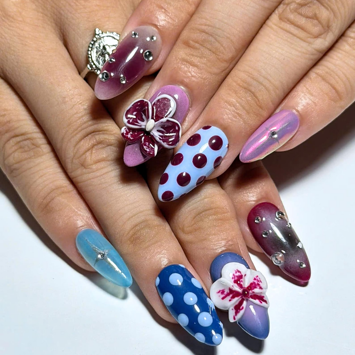 Eclectic Jewel Tone Press On Nails, 3D Floral Chrome Nails, Cat Eye Abstract Handmade Statement Nail Set, OB1379U