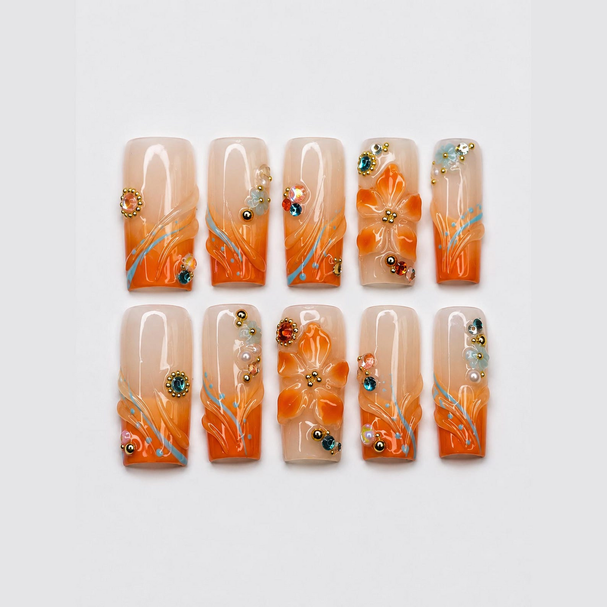 Summer Floral Press On Nails | Orange Flower Beach Nail Set | Tropical Vacation Nails | OC445J