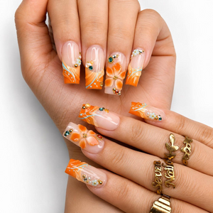 Summer Floral Press On Nails | Orange Flower Beach Nail Set | Tropical Vacation Nails | OC445J
