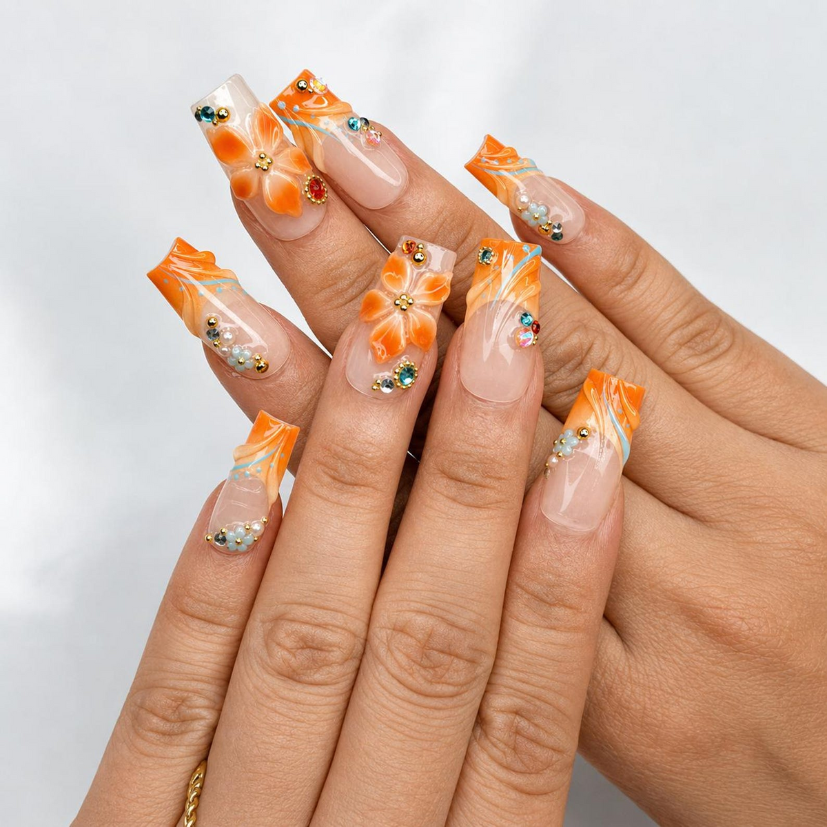 Summer Floral Press On Nails | Orange Flower Beach Nail Set | Tropical Vacation Nails | OC445J