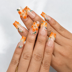 Summer Floral Press On Nails | Orange Flower Beach Nail Set | Tropical Vacation Nails | OC445J