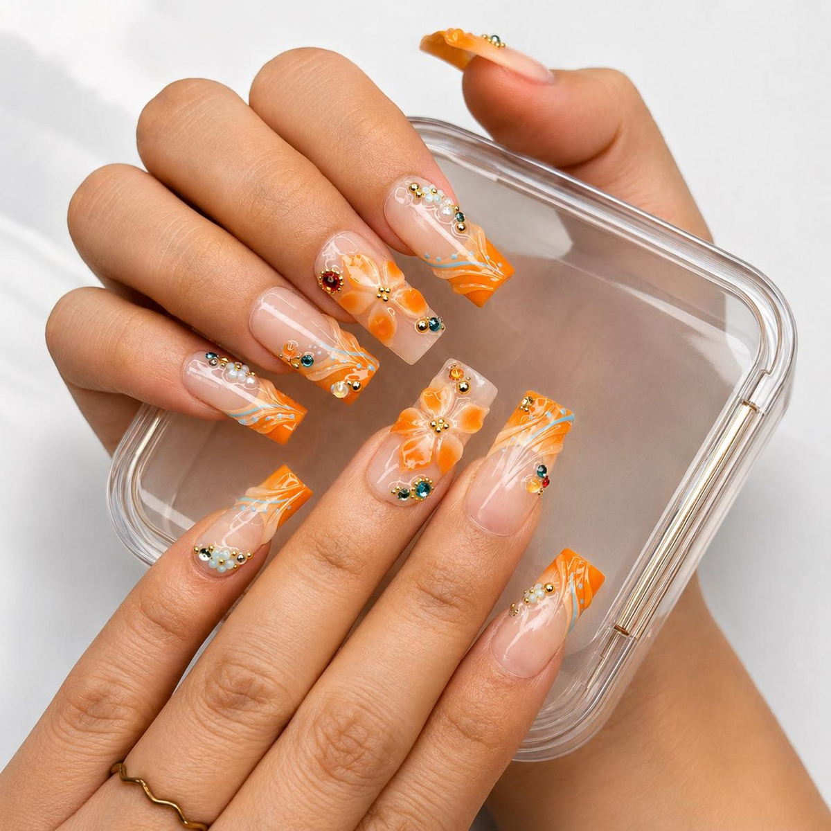 Summer Floral Press On Nails | Orange Flower Beach Nail Set | Tropical Vacation Nails | OC445J