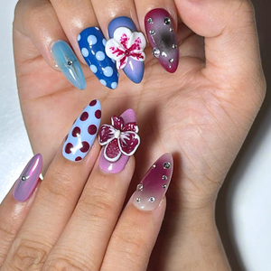 Eclectic Jewel Tone Press On Nails, 3D Floral Chrome Nails, Cat Eye Abstract Handmade Statement Nail Set, OB1379U