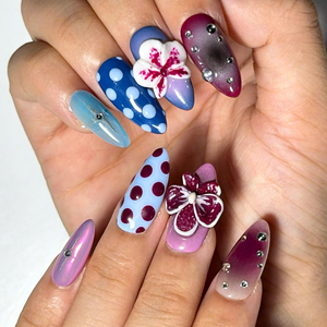 Eclectic Jewel Tone Press On Nails, 3D Floral Chrome Nails, Cat Eye Abstract Handmade Statement Nail Set, OB1379U