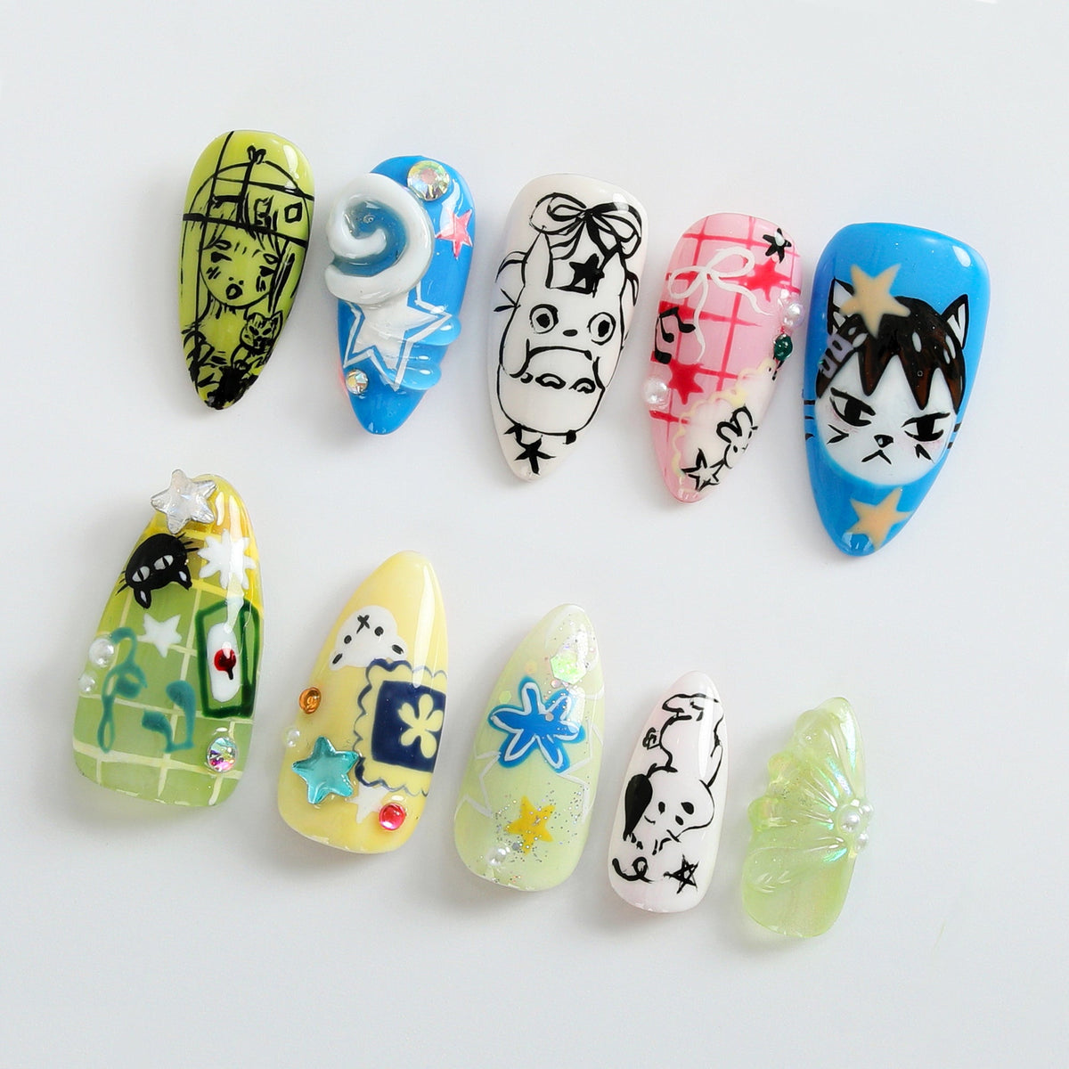 Whimsical Cartoon Press On Nails | Unique Cartoon Nail Art | Hand-Decorated with Cute Characters | Trendy Cartoon and Anime Designs |OB514HC