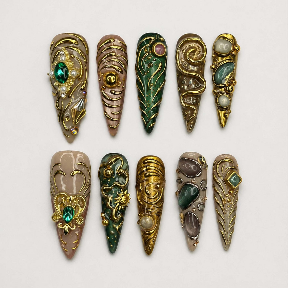 Emerald Jewelry Press On Nails | Gold Chrome Gemstone Nail Set | Ornate Baroque Fantasy Nails | Luxury Handmade Nails | OB457JG