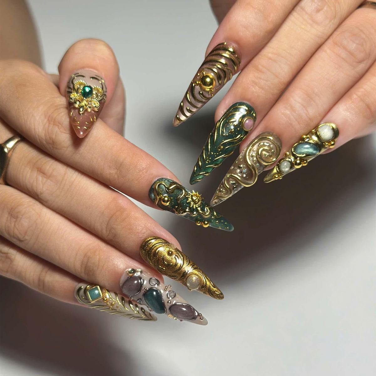 Emerald Jewelry Press On Nails | Gold Chrome Gemstone Nail Set | Ornate Baroque Fantasy Nails | Luxury Handmade Nails | OB457JG