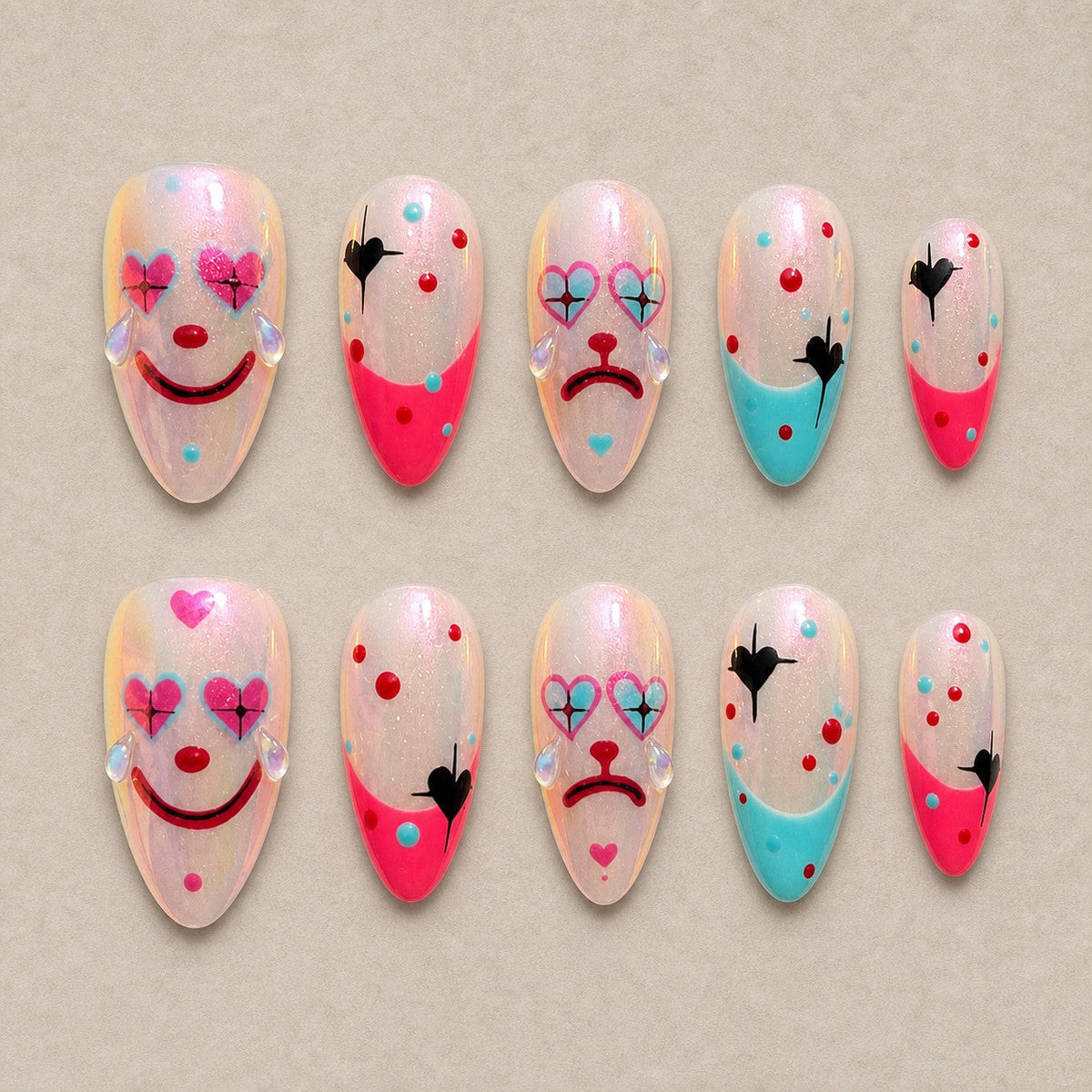 Harlequin Heart Almond Press-On Nails - Aninail