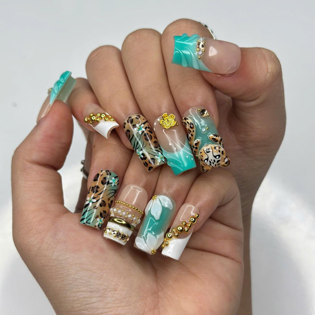 Leopard Print Press On Nails • Nude Teal Animal Print Nail Set Gold • Luxury 3D Cheetah Manicure • Vacation Safari Gift for Her • OB443Z