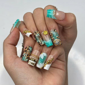 Leopard Print Press On Nails • Nude Teal Animal Print Nail Set Gold • Luxury 3D Cheetah Manicure • Vacation Safari Gift for Her • OB443Z