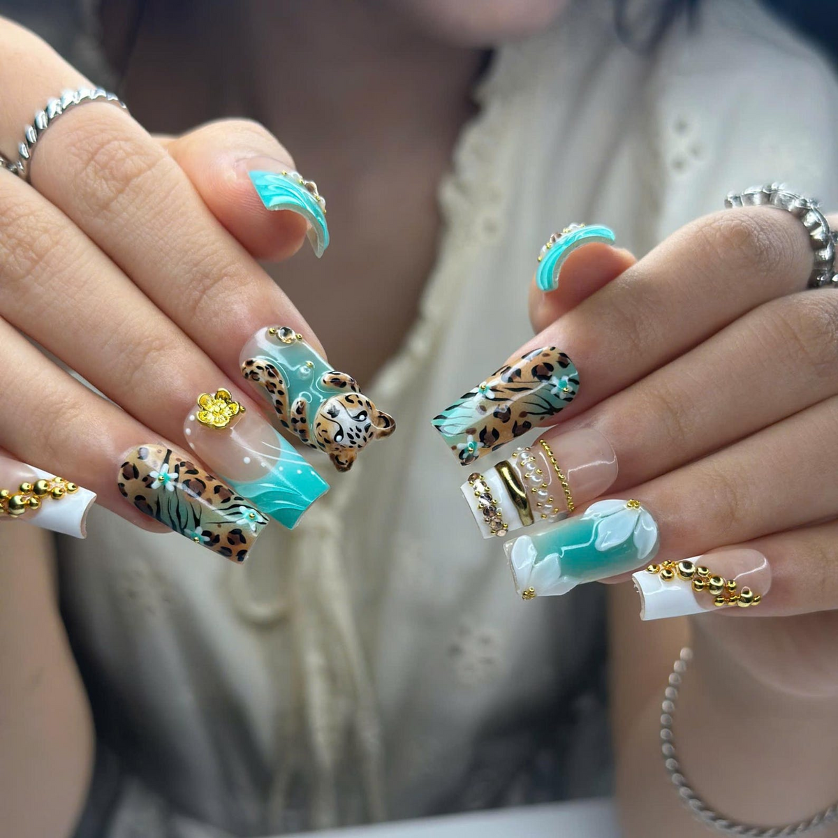 Leopard Print Press On Nails • Nude Teal Animal Print Nail Set Gold • Luxury 3D Cheetah Manicure • Vacation Safari Gift for Her • OB443Z