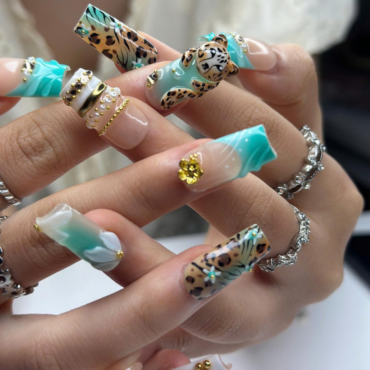 Leopard Print Press On Nails • Nude Teal Animal Print Nail Set Gold • Luxury 3D Cheetah Manicure • Vacation Safari Gift for Her • OB443Z