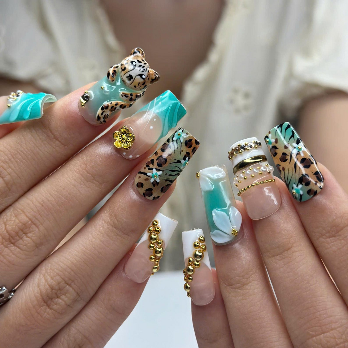 Leopard Print Press On Nails • Nude Teal Animal Print Nail Set Gold • Luxury 3D Cheetah Manicure • Vacation Safari Gift for Her • OB443Z