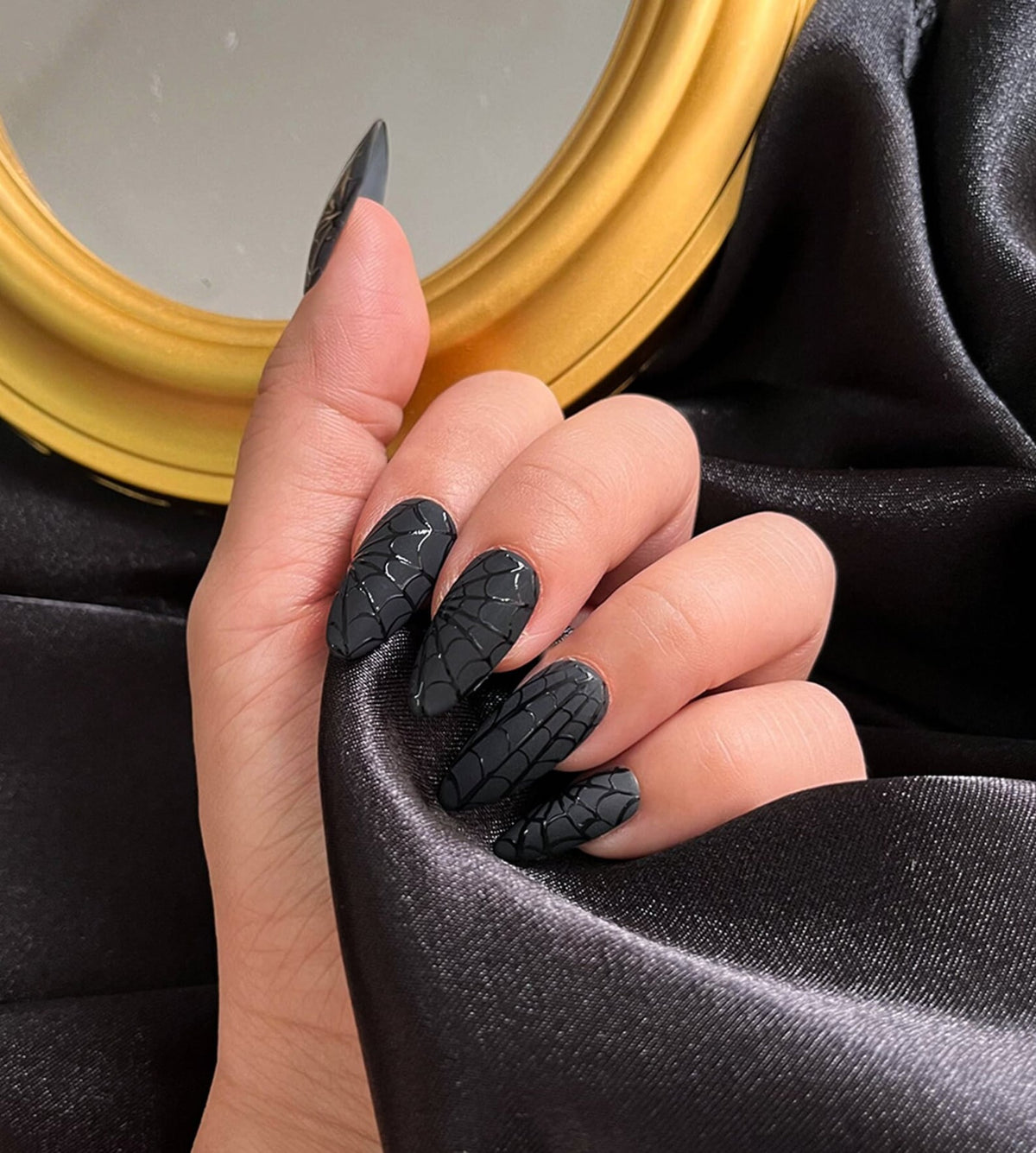 LNA0099 - Black Spider Web Press On Nails, Black Halloween Nails, Custom Fake Nails, False Nails, Handpainted Glue on Nails