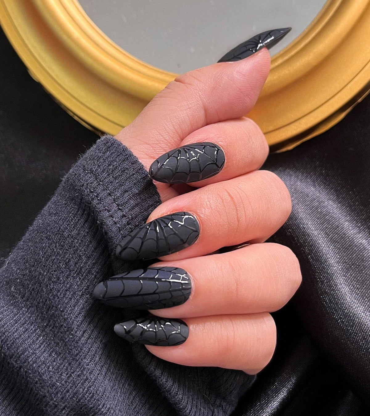 LNA0099 - Black Spider Web Press On Nails, Black Halloween Nails, Custom Fake Nails, False Nails, Handpainted Glue on Nails