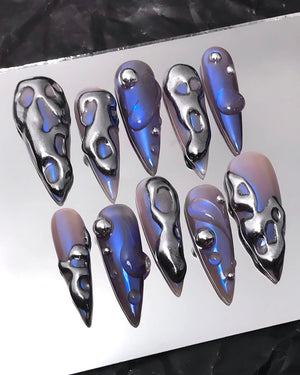 Custom Long Stiletto Metallic Silver Press On Nails - Free-Style Goth, Gothic, Emo Inspired Nails for Birthday, Holday, Party, Event