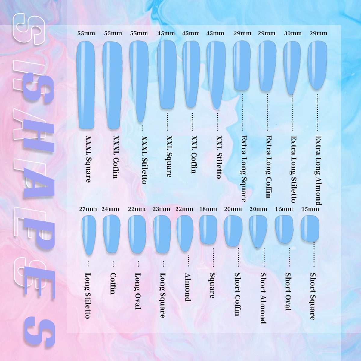 A chart showing different nail shapes and sizes in millimeters. The shapes include square, coffin, stiletto, almond, oval, and long stiletto. The sizes range from 15mm to 55mm.