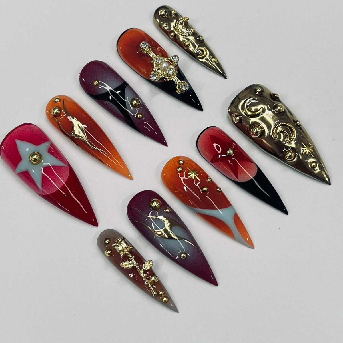 Bold Color Airbrush Long Stiletto Press On Nails, 3D Glam Goth False Nails for Birthday Event Party Holiday Vacation, Gifts for Her