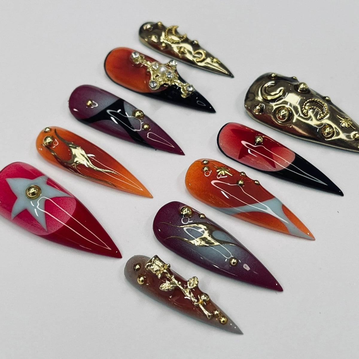Bold Color Airbrush Long Stiletto Press On Nails, 3D Glam Goth False Nails for Birthday Event Party Holiday Vacation, Gifts for Her
