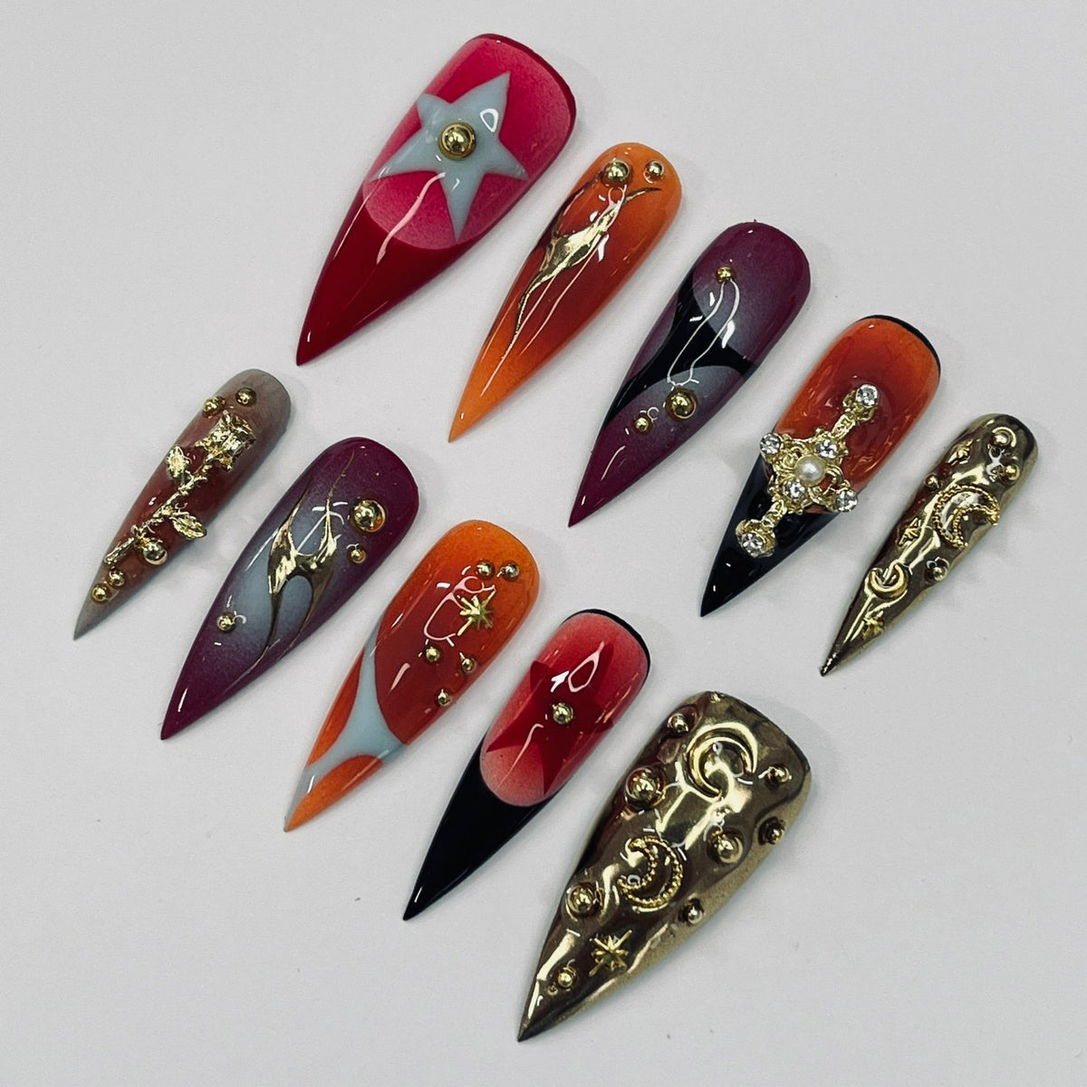 Bold Color Airbrush Long Stiletto Press On Nails, 3D Glam Goth False Nails for Birthday Event Party Holiday Vacation, Gifts for Her