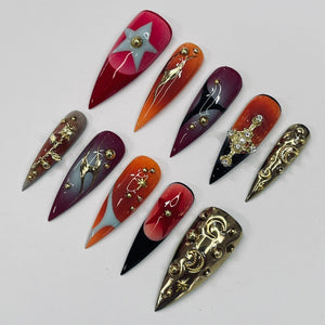 Bold Color Airbrush Long Stiletto Press On Nails, 3D Glam Goth False Nails for Birthday Event Party Holiday Vacation, Gifts for Her