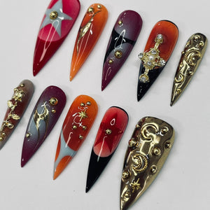 Bold Color Airbrush Long Stiletto Press On Nails, 3D Glam Goth False Nails for Birthday Event Party Holiday Vacation, Gifts for Her