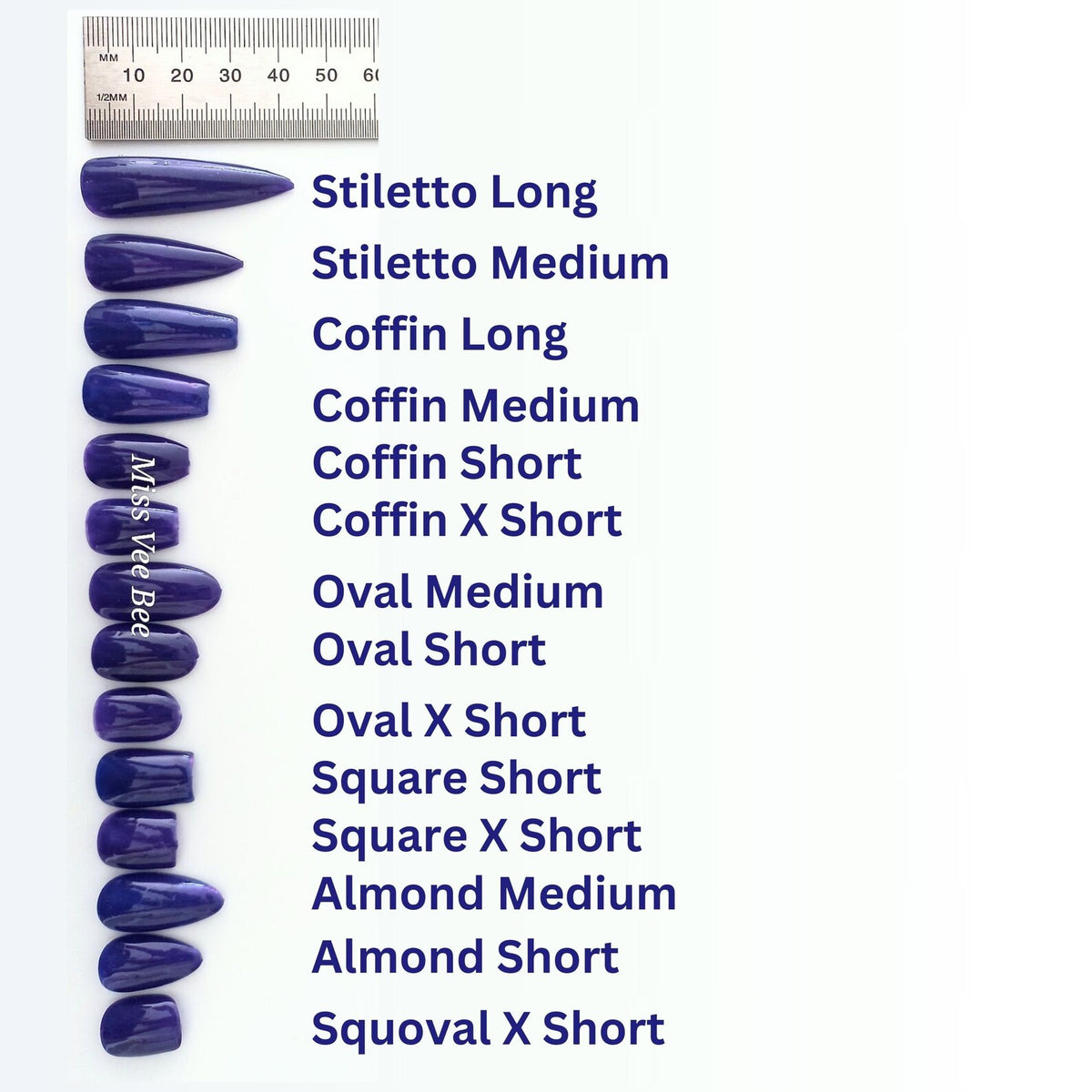 A collection of purple press-on nails in various shapes and lengths, including stiletto, coffin, oval, square, almond, and squoval. A ruler in millimeters is at the top. Text labels each nail shape an