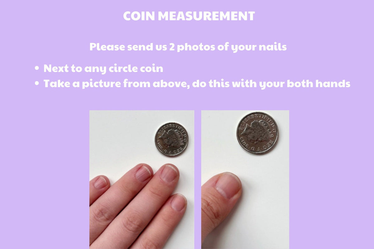 Two photos showing a hand next to a silver coin. The instructions on the page above the photos say "Please send us 2 photos of your nails. Next to any circle coin. Take a picture from above, do this with your both hands."