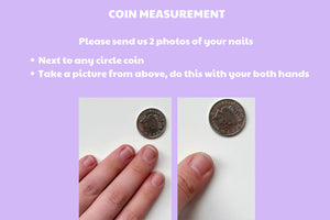 Two photos showing a hand next to a silver coin. The instructions on the page above the photos say "Please send us 2 photos of your nails. Next to any circle coin. Take a picture from above, do this with your both hands."