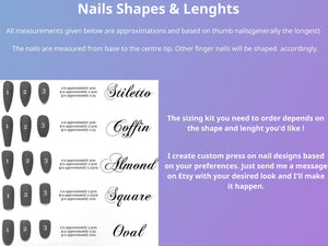 Image showing nail shapes and lengths, including Stiletto, Coffin, Almond, Square, and Oval. Each shape has three size options, with approximate lengths in centimeters. Text provides sizing information and custom design details.