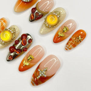 Freestyle Sunset Autumn Inspired Medium Almond Press On Nails, 3D Elegance Fake Nails, Unique Design Nails for Birthday Vacation Holiday