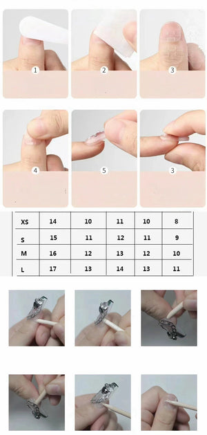 A multi-step instructional guide for applying press-on nails, featuring a sizing chart with rows labeled XS, S, M, and L, alongside images demonstrating the use of a nail file, adhesive tabs, and a wooden cuticle pusher tool.