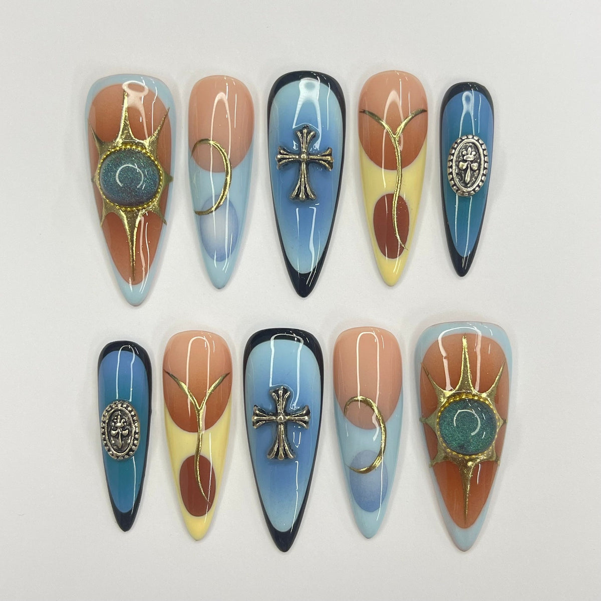 Summer Color Blue & Yellow Aura French Tip Long Almond Press On Nails, 3D Gel Fake Nails, Unique Design Nails for Birthday Vacation Holiday